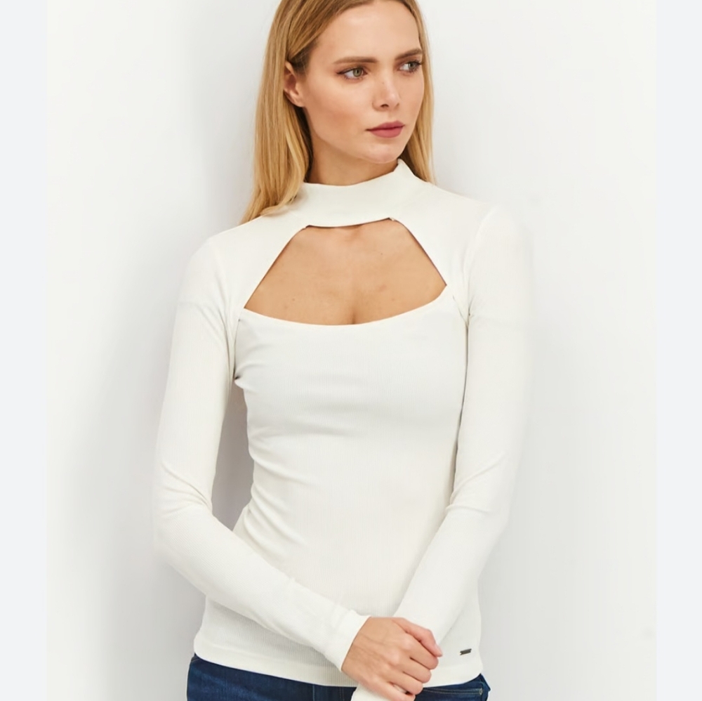 GUESS llaria Long sleeve Cut-0ut Top-White Cream